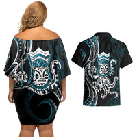 Turquoise Hawaii Kanaloa God Couples Matching Off Shoulder Short Dress and Hawaiian Shirt Hawaiian Octopus