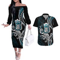 Turquoise Hawaii Kanaloa God Couples Matching Off The Shoulder Long Sleeve Dress and Hawaiian Shirt Hawaiian Octopus