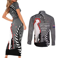 New Zealand ANZAC Day Couples Matching Short Sleeve Bodycon Dress and Long Sleeve Button Shirt 25th April Silver Fern With Poppy