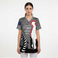 New Zealand ANZAC Day Scrub Top 25th April Silver Fern With Poppy - Polynesian Pride