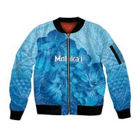 Aloha Hawaii Molokai Island Sleeve Zip Bomber Jacket Hibiscus Tribal Honu Hawaiian Tattoo LT14 Unisex Blue - Polynesian Pride