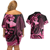 Aloha Hawaii Maui Couples Matching Off Shoulder Short Dress and Hawaiian Shirt Valley Isle Humpback Whale Black