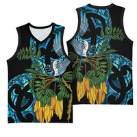 Turquoise New Zealand Kowhai And Piwakawaka Basketball Jersey Maori Ngaru Paua Shell - Polynesian Pride