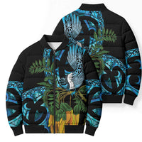 Turquoise New Zealand Kowhai And Piwakawaka Bomber Puffer Jacket Maori Ngaru Paua Shell - Polynesian Pride