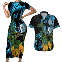 Turquoise New Zealand Kowhai And Piwakawaka Couples Matching Short Sleeve Bodycon Dress and Hawaiian Shirt Maori Ngaru Paua Shell