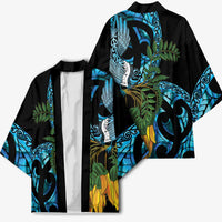 Turquoise New Zealand Kowhai And Piwakawaka Kimono Maori Ngaru Paua Shell - Polynesian Pride
