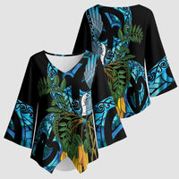 Turquoise New Zealand Kowhai And Piwakawaka Kimono Sleeve Blouse Maori Ngaru Paua Shell - Polynesian Pride