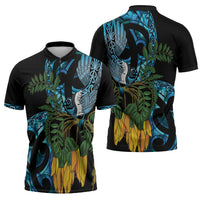 Turquoise New Zealand Kowhai And Piwakawaka Zipper Polo Shirt Maori Ngaru Paua Shell - Polynesian Pride