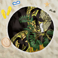 Yellow New Zealand Kowhai And Piwakawaka Beach Blanket Maori Ngaru Paua Shell