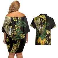 Yellow New Zealand Kowhai And Piwakawaka Couples Matching Off Shoulder Short Dress and Hawaiian Shirt Maori Ngaru Paua Shell