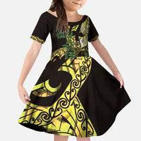 Yellow New Zealand Kowhai And Piwakawaka Family Matching Mermaid Dress and Hawaiian Shirt Maori Ngaru Paua Shell LT14 Daughter's Dress Yellow - Polynesian Pride
