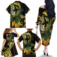 Yellow New Zealand Kowhai And Piwakawaka Family Matching Off The Shoulder Long Sleeve Dress and Hawaiian Shirt Maori Ngaru Paua Shell
