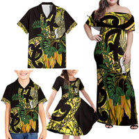 Yellow New Zealand Kowhai And Piwakawaka Family Matching Off Shoulder Maxi Dress and Hawaiian Shirt Maori Ngaru Paua Shell