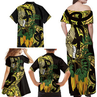 Yellow New Zealand Kowhai And Piwakawaka Family Matching Off Shoulder Maxi Dress and Hawaiian Shirt Maori Ngaru Paua Shell