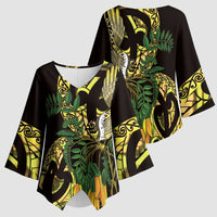 Yellow New Zealand Kowhai And Piwakawaka Kimono Sleeve Blouse Maori Ngaru Paua Shell - Polynesian Pride