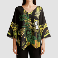 Yellow New Zealand Kowhai And Piwakawaka Kimono Sleeve Blouse Maori Ngaru Paua Shell - Polynesian Pride