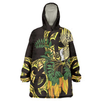 Yellow New Zealand Kowhai And Piwakawaka Wearable Blanket Hoodie Maori Ngaru Paua Shell