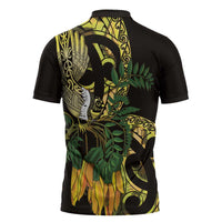 Yellow New Zealand Kowhai And Piwakawaka Zipper Polo Shirt Maori Ngaru Paua Shell - Polynesian Pride