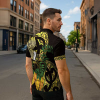 Yellow New Zealand Kowhai And Piwakawaka Zipper Polo Shirt Maori Ngaru Paua Shell - Polynesian Pride