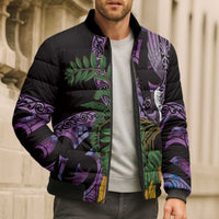 Purple New Zealand Kowhai And Piwakawaka Bomber Puffer Jacket Maori Ngaru Paua Shell - Polynesian Pride