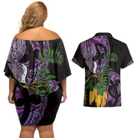 Purple New Zealand Kowhai And Piwakawaka Couples Matching Off Shoulder Short Dress and Hawaiian Shirt Maori Ngaru Paua Shell
