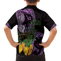 Purple New Zealand Kowhai And Piwakawaka Family Matching Off The Shoulder Long Sleeve Dress and Hawaiian Shirt Maori Ngaru Paua Shell