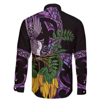 Purple New Zealand Kowhai And Piwakawaka Family Matching Off Shoulder Maxi Dress and Hawaiian Shirt Maori Ngaru Paua Shell