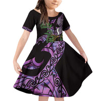 Purple New Zealand Kowhai And Piwakawaka Family Matching Off Shoulder Short Dress and Hawaiian Shirt Maori Ngaru Paua Shell