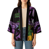 Purple New Zealand Kowhai And Piwakawaka Kimono Maori Ngaru Paua Shell - Polynesian Pride