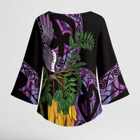 Purple New Zealand Kowhai And Piwakawaka Kimono Sleeve Blouse Maori Ngaru Paua Shell - Polynesian Pride