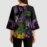 Purple New Zealand Kowhai And Piwakawaka Kimono Sleeve Blouse Maori Ngaru Paua Shell - Polynesian Pride