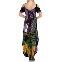 Purple New Zealand Kowhai And Piwakawaka Summer Maxi Dress Maori Ngaru Paua Shell