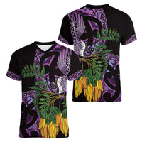 Purple New Zealand Kowhai And Piwakawaka Women V-Neck T-Shirt Maori Ngaru Paua Shell