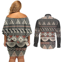 Vintage Bula Fiji Masi Couples Matching Off Shoulder Short Dress and Long Sleeve Button Shirt Fijian Tapa Cloth - Polynesian Pride