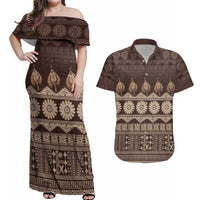 Bula Fiji Iri ni Meke Couples Matching Off Shoulder Maxi Dress and Hawaiian Shirt Kuvui Fijian Masi - Polynesian Pride