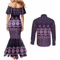Bula Fiji Iri ni Meke Couples Matching Mermaid Dress and Long Sleeve Button Shirt Lokaloka Fijian Masi - Polynesian Pride
