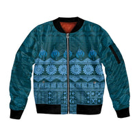 Bula Fiji Iri ni Meke Sleeve Zip Bomber Jacket Karakarawa Fijian Masi LT14 Unisex Blue - Polynesian Pride