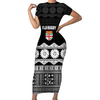 Fiji Tapa Rugby Custom Short Sleeve Bodycon Dress Go Fijiana LT14 Long Dress Black - Polynesian Pride