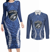 Auckland 2026 Rugby Custom Couples Matching Long Sleeve Bodycon Dress and Long Sleeve Button Shirt NZ Maori Silver Fern LT14 Blue - Polynesian Pride