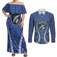 Auckland 2026 Rugby Custom Couples Matching Off Shoulder Maxi Dress and Long Sleeve Button Shirt NZ Maori Silver Fern LT14 Blue - Polynesian Pride