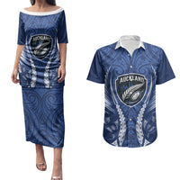 Auckland 2026 Rugby Custom Couples Matching Puletasi and Hawaiian Shirt NZ Maori Silver Fern LT14 Blue - Polynesian Pride