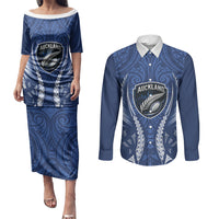 Auckland 2026 Rugby Custom Couples Matching Puletasi and Long Sleeve Button Shirt NZ Maori Silver Fern LT14 Blue - Polynesian Pride