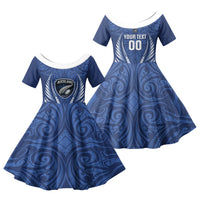 Auckland 2026 Rugby Custom Family Matching Off Shoulder Maxi Dress and Hawaiian Shirt NZ Maori Silver Fern LT14 Daughter's Dress Blue - Polynesian Pride