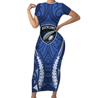 Auckland 2026 Rugby Custom Short Sleeve Bodycon Dress NZ Maori Silver Fern LT14 Long Dress Blue - Polynesian Pride