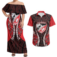 Canterbury 2026 Rugby Custom Couples Matching Off Shoulder Maxi Dress and Hawaiian Shirt NZ Maori Silver Fern LT14 Red - Polynesian Pride