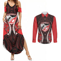 Canterbury 2026 Rugby Custom Couples Matching Summer Maxi Dress and Long Sleeve Button Shirt NZ Maori Silver Fern LT14 Red - Polynesian Pride