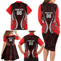Canterbury 2026 Rugby Custom Family Matching Long Sleeve Bodycon Dress and Hawaiian Shirt NZ Maori Silver Fern LT14 Mom's Dress Red - Polynesian Pride