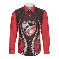 Canterbury 2026 Rugby Custom Long Sleeve Button Shirt NZ Maori Silver Fern LT14 Unisex Red - Polynesian Pride