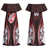 Counties Manukau 2026 Rugby Custom Family Matching Off Shoulder Maxi Dress and Hawaiian Shirt NZ Maori Silver Fern LT14 Mom's Dress Red - Polynesian Pride