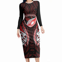 Counties Manukau 2026 Rugby Custom Long Sleeve Bodycon Dress NZ Maori Silver Fern LT14 Long Dress Red - Polynesian Pride